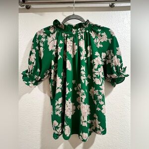 Three-quarter sleeves, green ruffle top with button in back